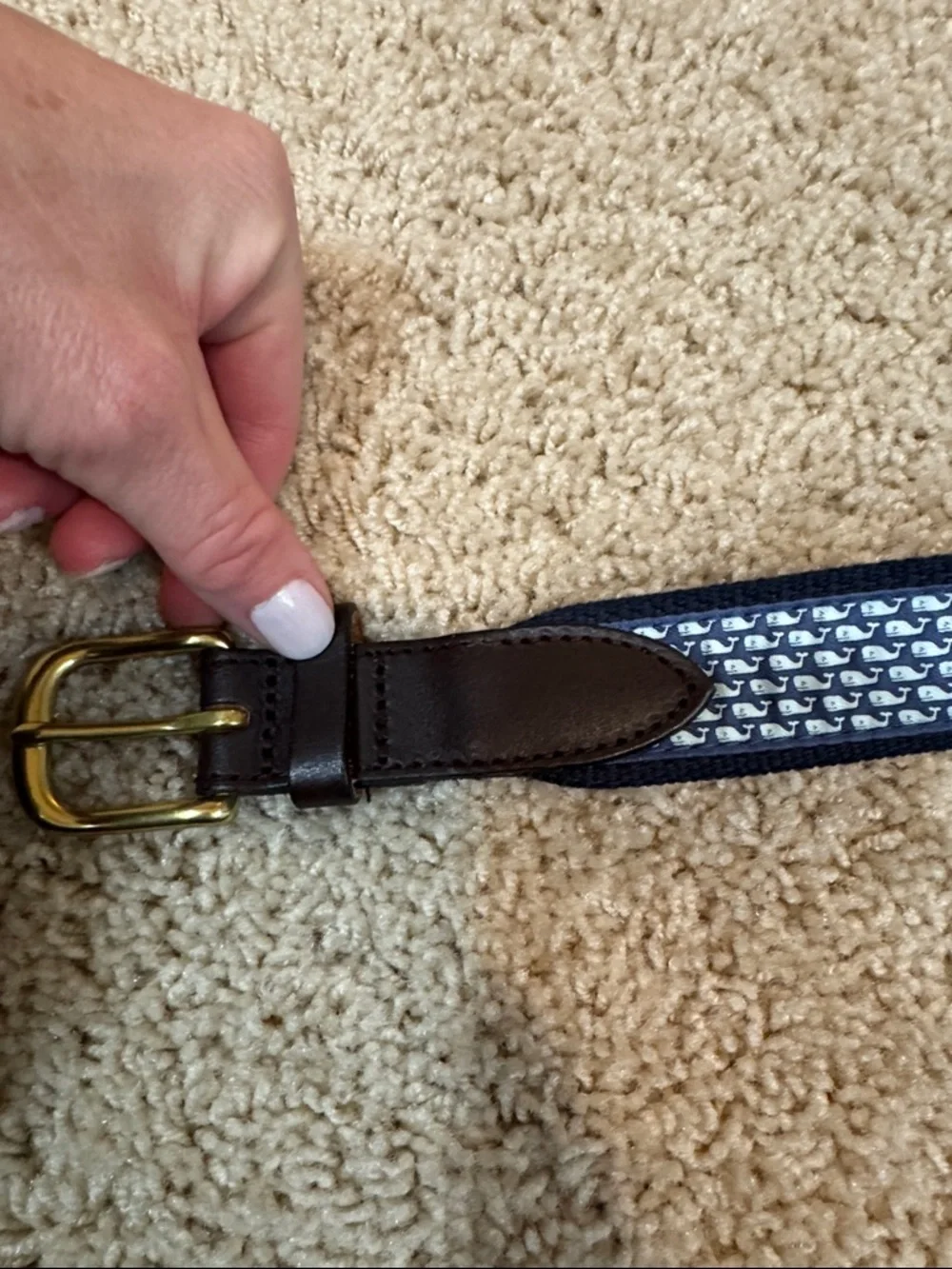 Vineyard Vines Boys Whale Patterned Canvas & Brown Leather Belt